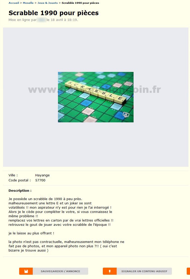 Scrabble 1990 pour Pièces