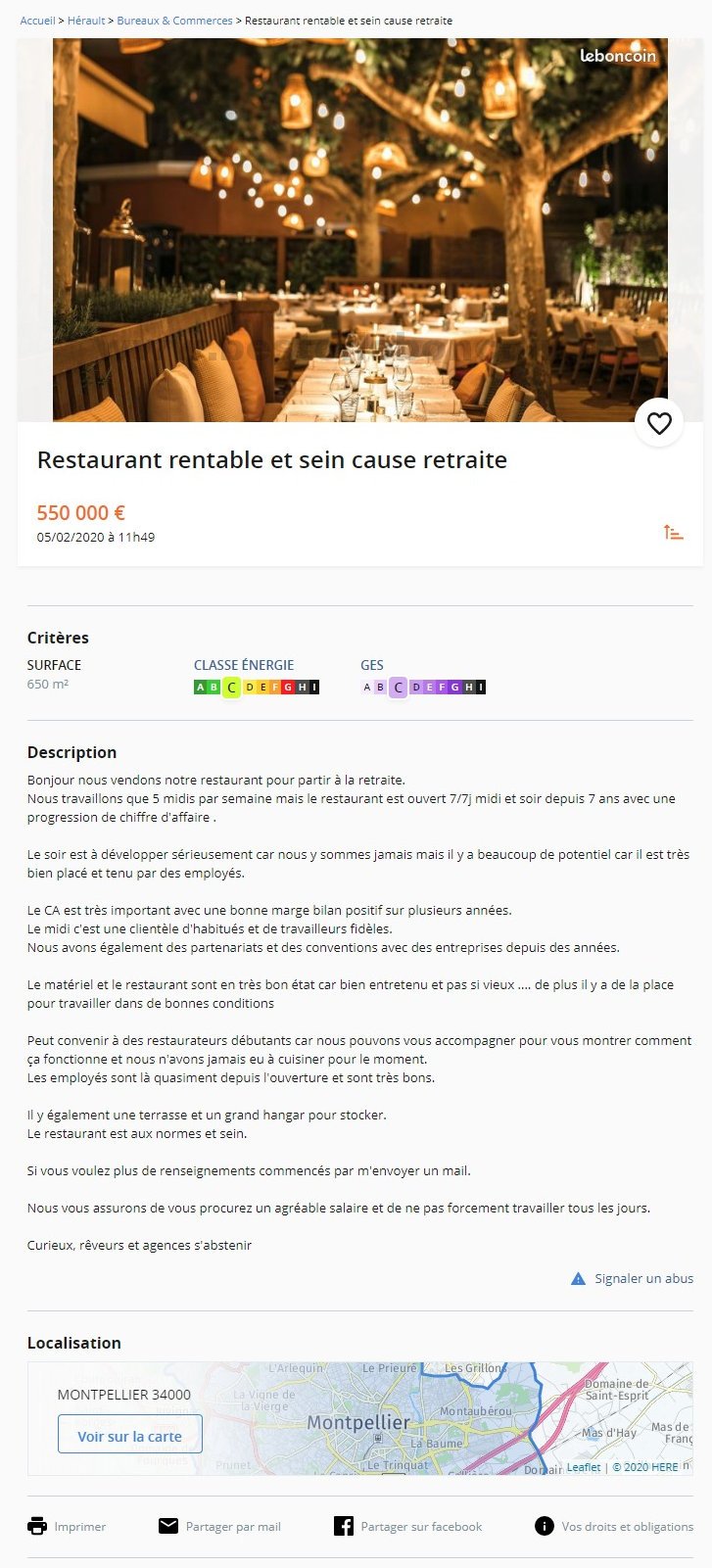 Restaurant rentable et sein cause retraite