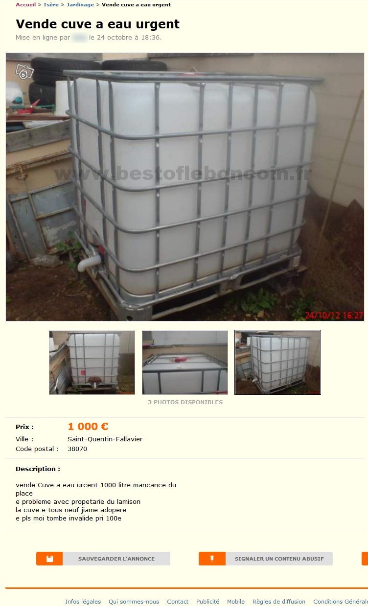 Vende Cuve a Eau Urgent