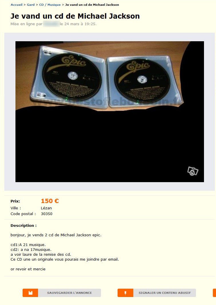 Je vand un CD de Michael Jackson