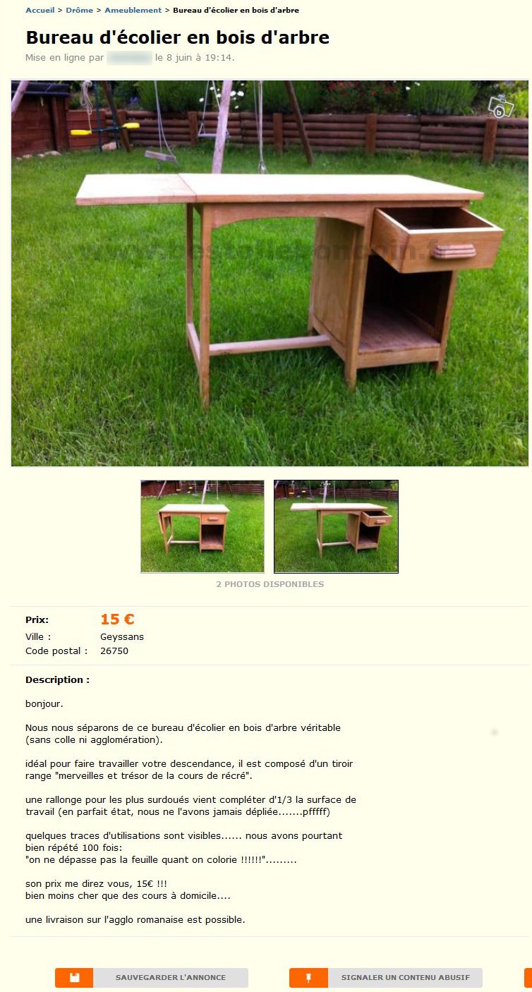 Bureau d'Ecolier en Bois d'Arbre