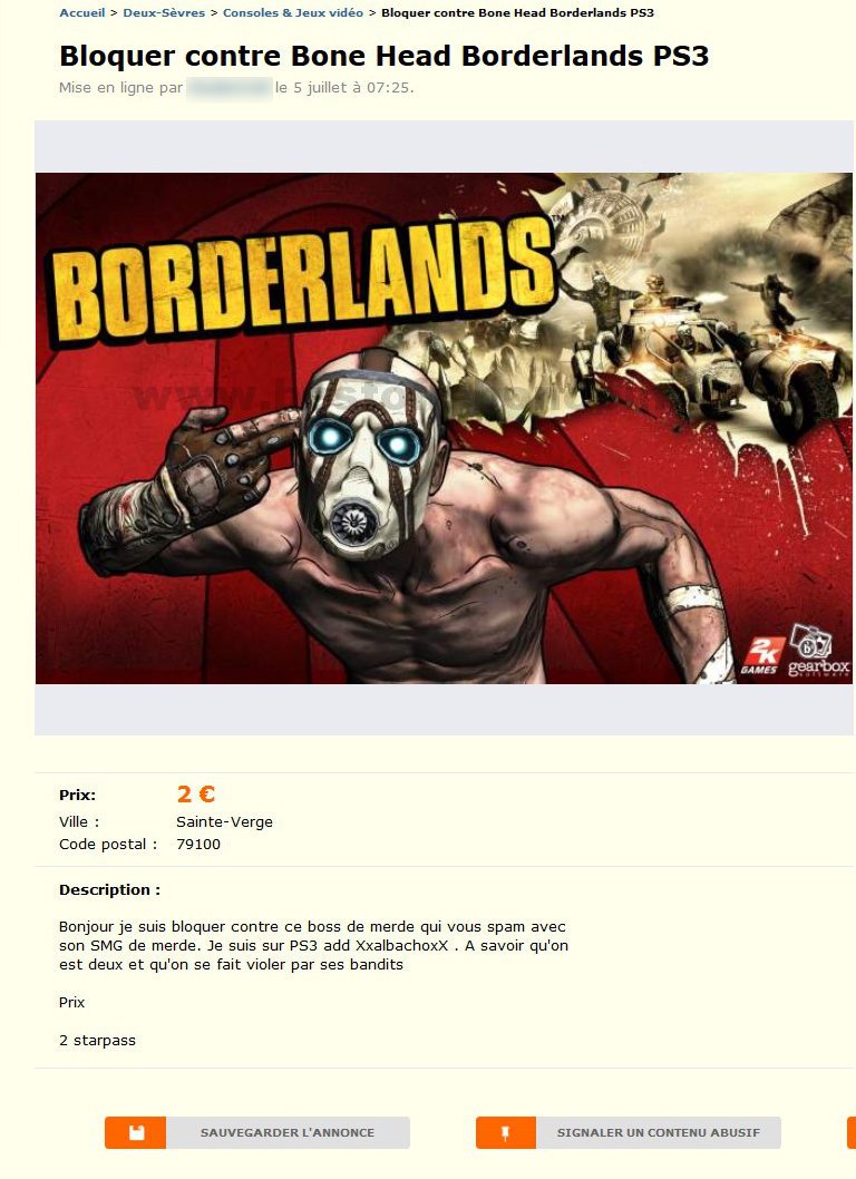 Bloquer Contre Bone Head Borderlands PS3